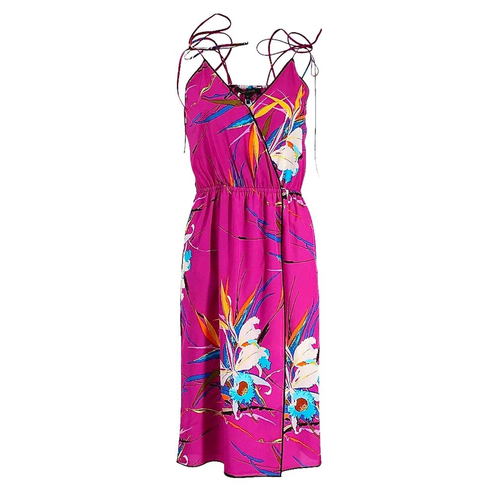 MARC JACOBS Vivid Magenta Tropical Hawaiian Print Faux Wrap Midi Slip Dress Sz S